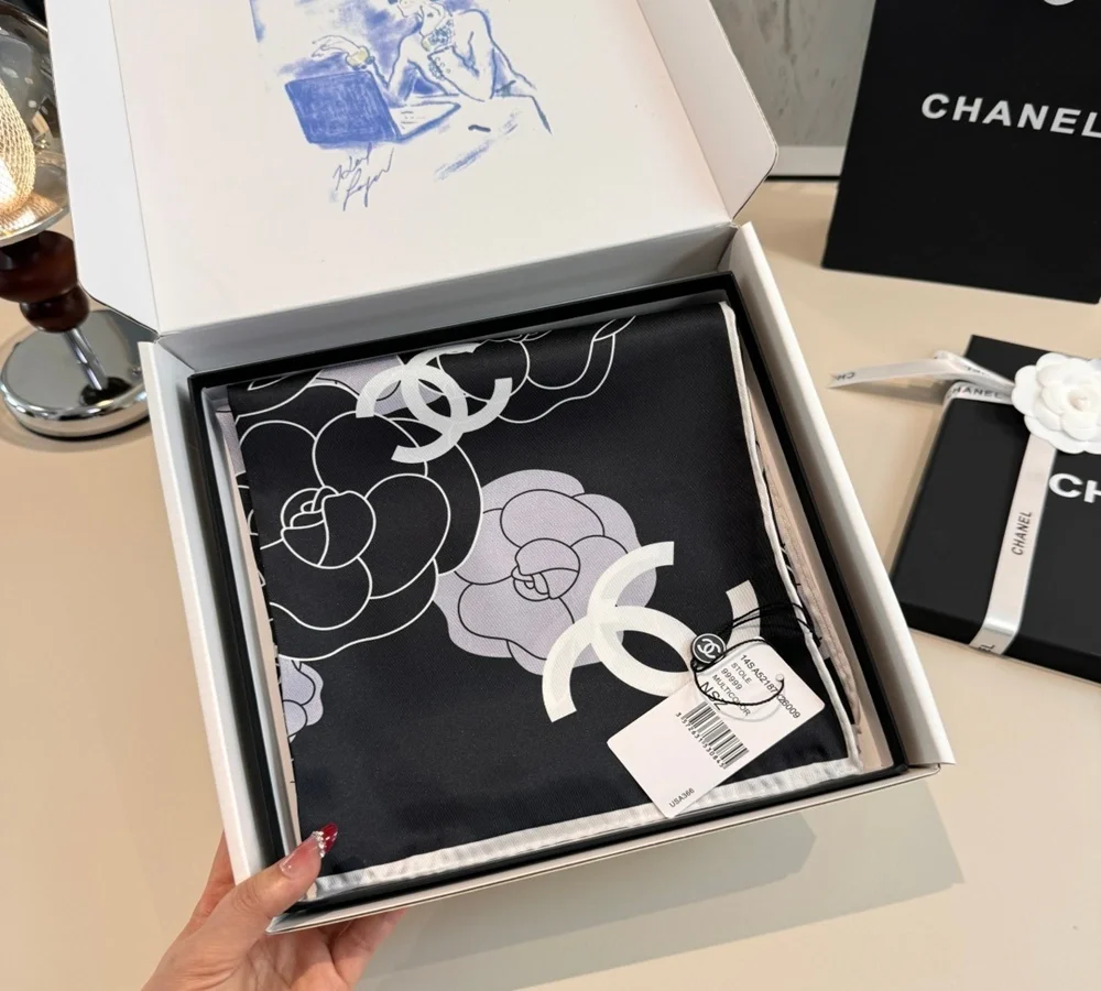 Chanel Camellia & CC Logo Silk Scarf (Black & Lilac)